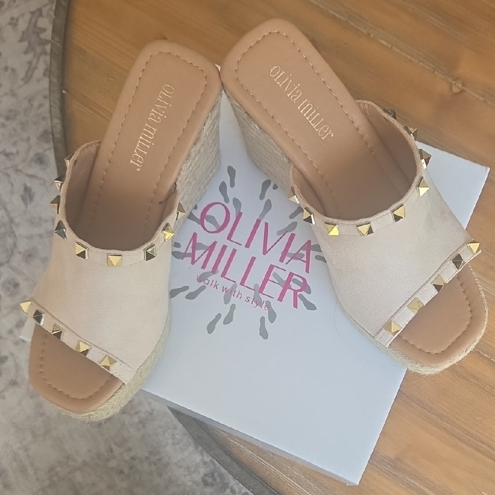 Olivia Miller Tan Wedge Shoes with Studded Details